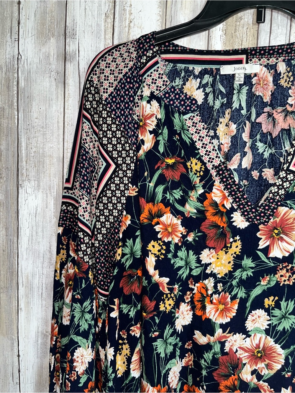 Jodifl Navy Floral Boho Peasant Blouse Long Sleeve Lightweight Top Size L - Picture 3 of 6